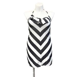 Roxy Y2K Halter Mini Dress Black & White Chevron Stripe Ruffle Sundress Size L